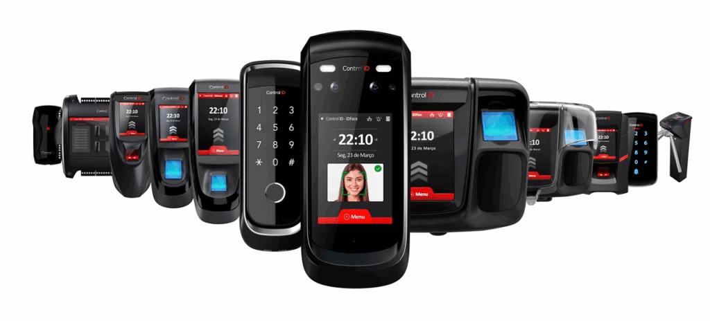 Imagens de vários dispositivos de controle de acesso, tais como: leitor facial, relógio biométrico e catraca da marca Control Id