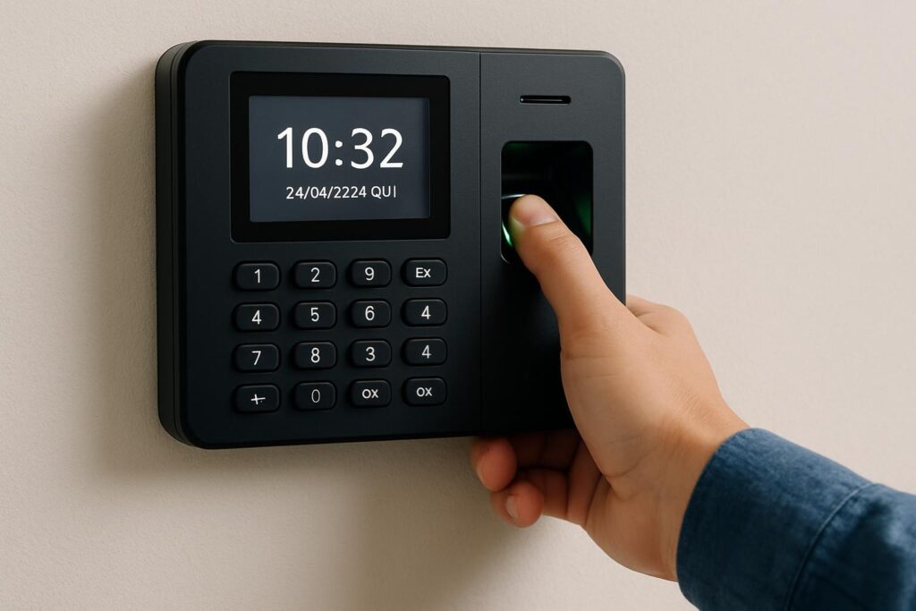 Imagem ilustrativa de pessoa registrando ponto em um dispositivo biométrico