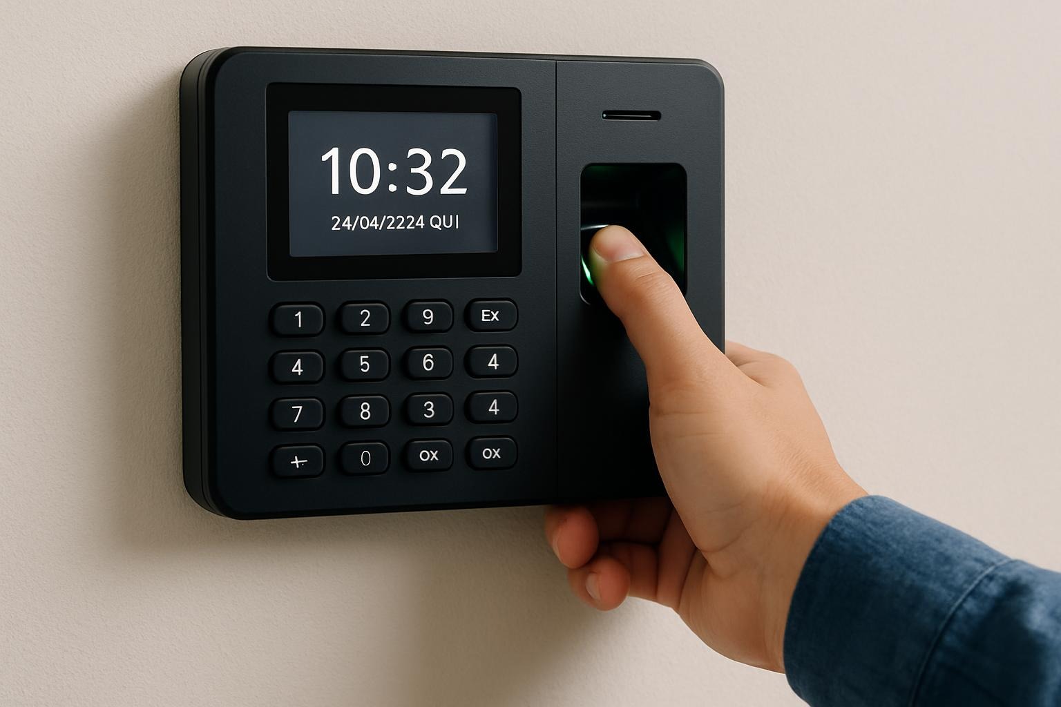 Imagem de pessoa registrando ponto em um relógio de ponto biométrico para controle de acesso